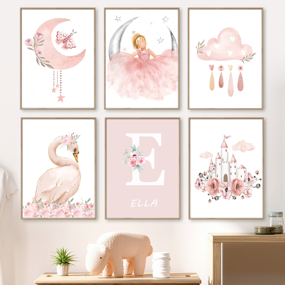 Baby Nursery Animal Pictures - ピンクの天使の女の子日月雲白鳥城壁アート保育園キャンバス絵画北欧ポスタープリント写真ベビーキッズルームの装飾