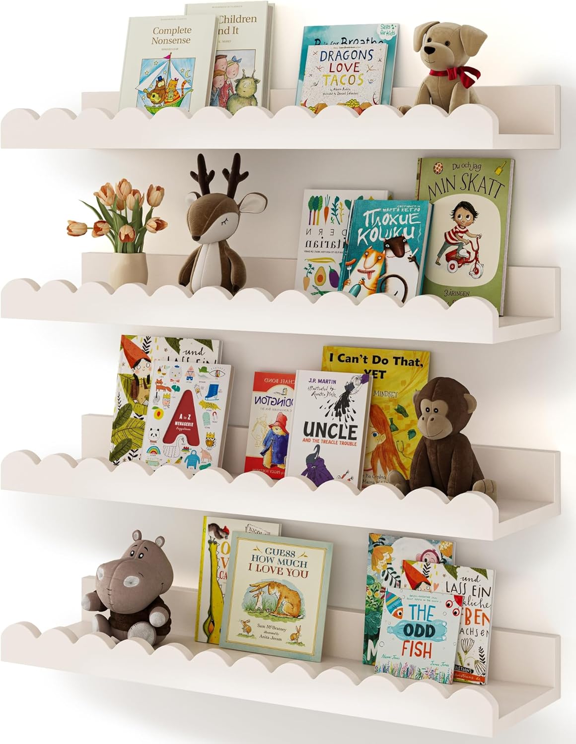 Baby Nursery Floating Shelves - 白い波型のフローティングキッズブックシェルフ4個セット、壁掛け式の子供部屋用ブックディスプレイ棚、幼児部屋、ベビールーム、子供部屋の装飾に。