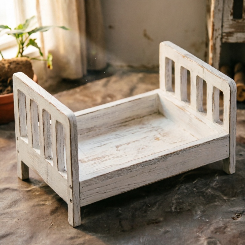 Baby Nursery Bed - 幼児ポーズ用ソファレトロ木製ベッド新生児写真撮影小道具取り外し可能な背景赤ちゃんの成長記念品男の子用スタジオ使用
