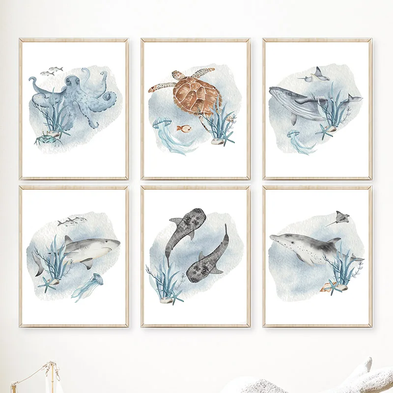 Baby Nursery Animal Pictures - 子供の部屋の装飾のためのポスターとプリント、クジラ、魚、サメ、タコ、カメ、海の動物、壁の芸術のキャンバス、赤ちゃんの絵
