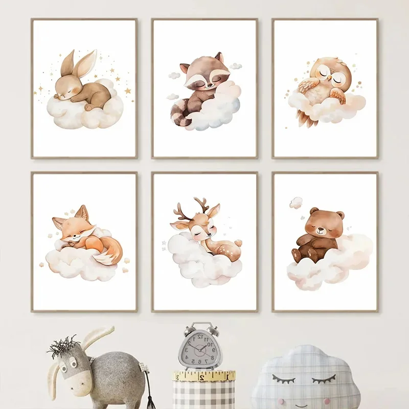 Baby Nursery Animal Pictures - 漫画雲動物キャンバス絵画壁アートかわいいアライグマキツネ鹿子供の寝室のポスター保育園画像ベビールームの装飾壁画