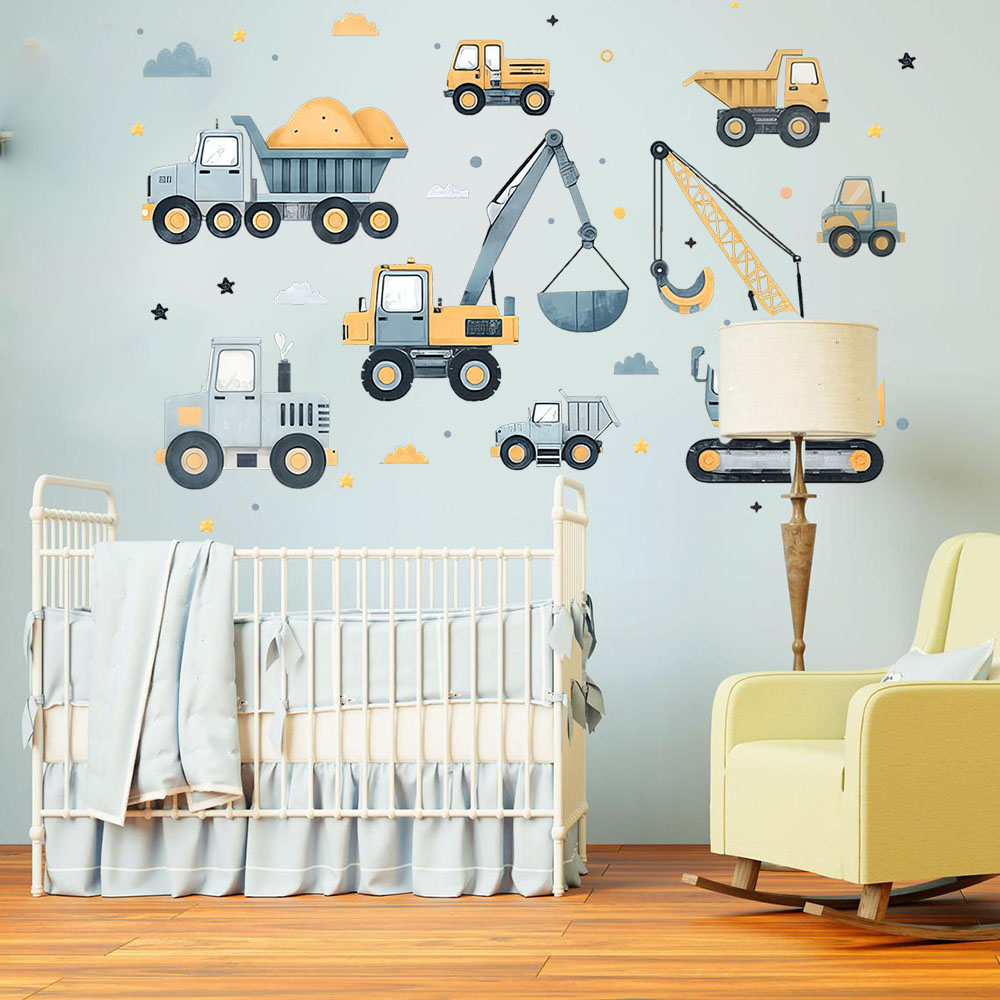 Baby Nursery Wall Decals - 漫画掘削機車両セット車の壁ステッカープレイルーム建物建設クレーントラック壁デカールベビールームの装飾