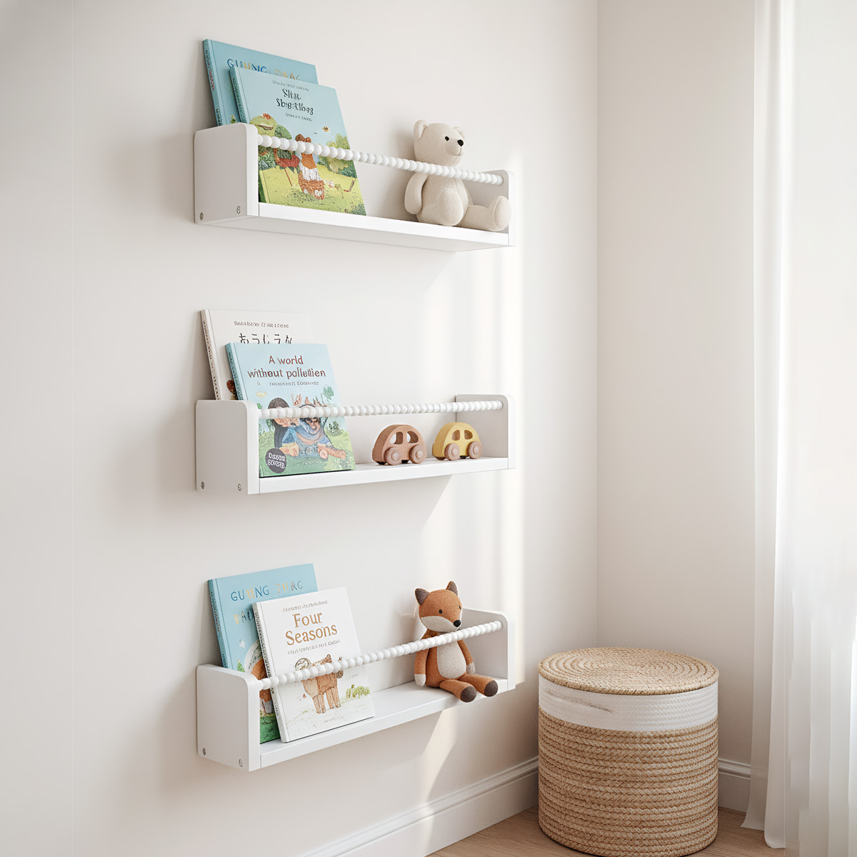 Baby Nursery Floating Shelves - 保育園用本棚、15.7インチ木製壁掛け本棚3個セット、ベビーキッズデコレーション、無垢材壁掛け棚
