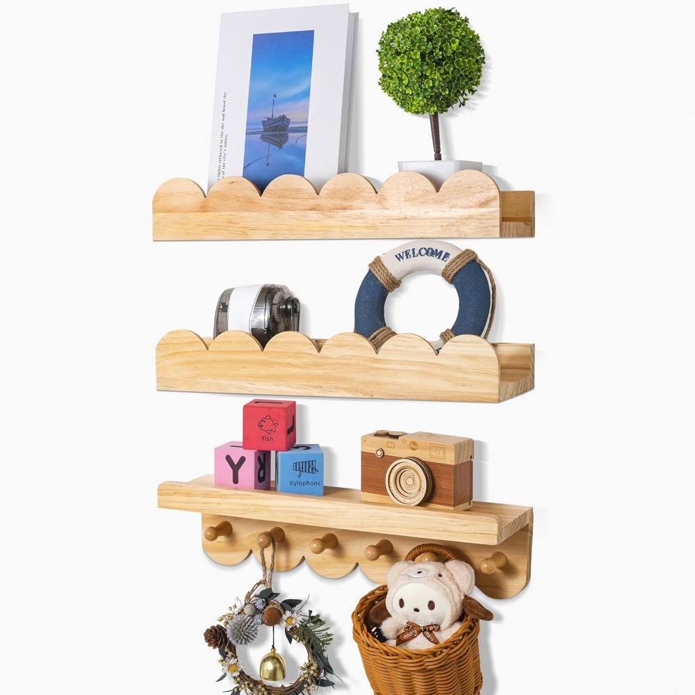 Baby Nursery Floating Shelves - 保育園の本棚 3個セット 木製壁掛け棚 子供用波型棚 寝室 幼児