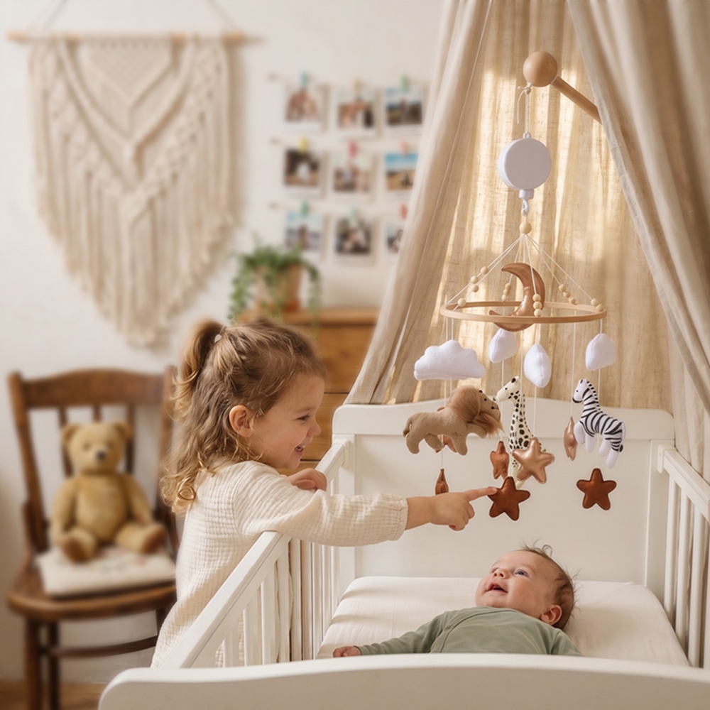 Baby Nursery Music - 木製ベビーベッドベル、オルゴール付きベビーベッドモバイル、柔らかいフェルト製漫画のクマのぶら下がりガラガラおもちゃ、新生児用保育園装飾ブラケット