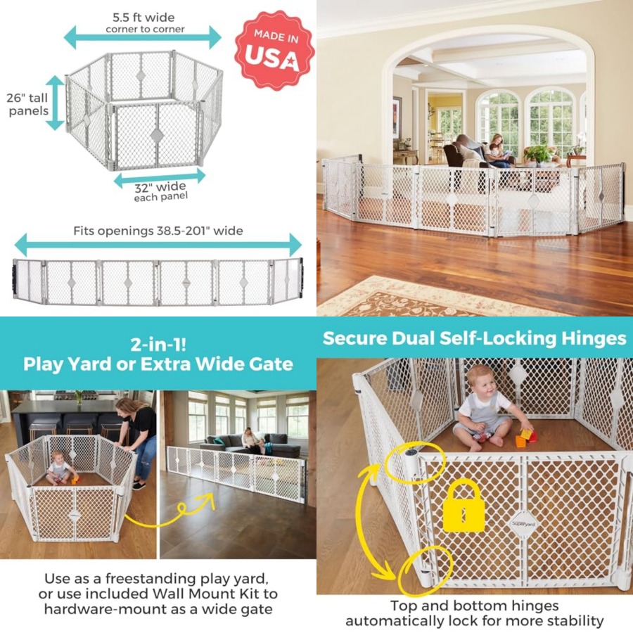 Baby Gate Extra Wide - スーパーヤードデュオ エクストラワイド ベビーゲート＆プレイヤード：6パネルプレイヤード - キット付属 -