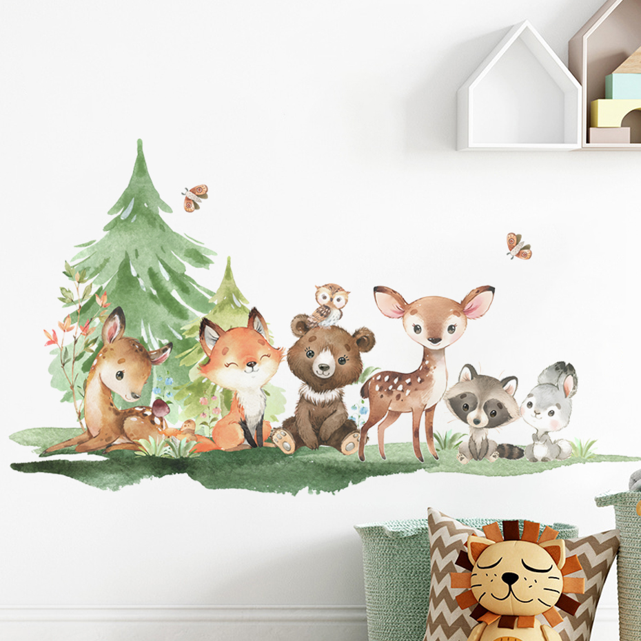 Baby Nursery Forest Theme - 森の動物テーマクマ鹿ウサギ子供用ウォールステッカーキッズルームベビールーム装飾壁紙ウォールステッカー保育園