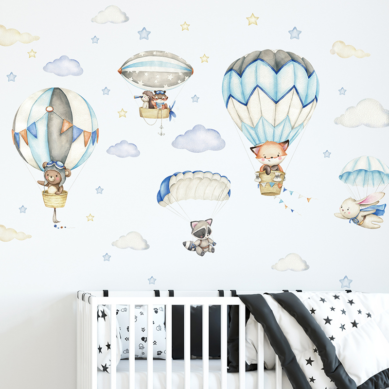 Baby Nursery Wall Decals - 漫画かわいい動物熱気球ウォールステッカーキッズルームベビー保育園ルーム壁飾り寝室の装飾家の装飾 PVC