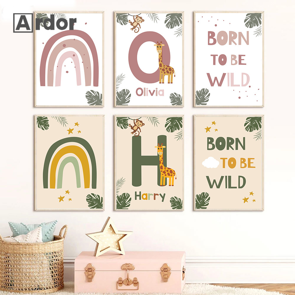Baby Nursery Animal Pictures - 北欧ジャングル動物ポスター カスタムネーム キャンバス絵画 レインボー ウォールアート プリント
