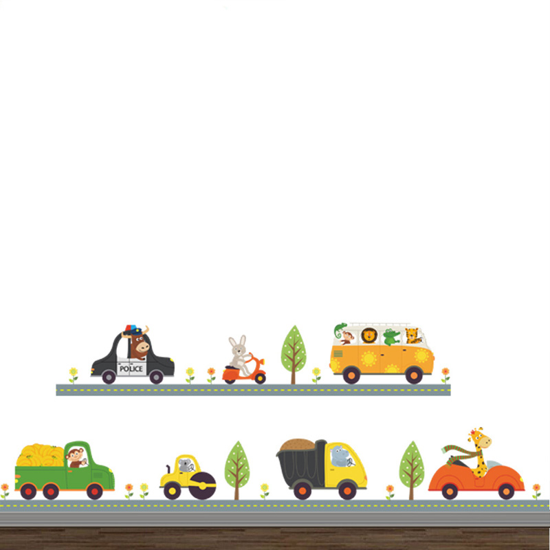 Baby Nursery Wall Decals - 漫画の動物の車のウォールステッカー,子供部屋の装飾,背景の装飾,取り外し可能なホームステッカー