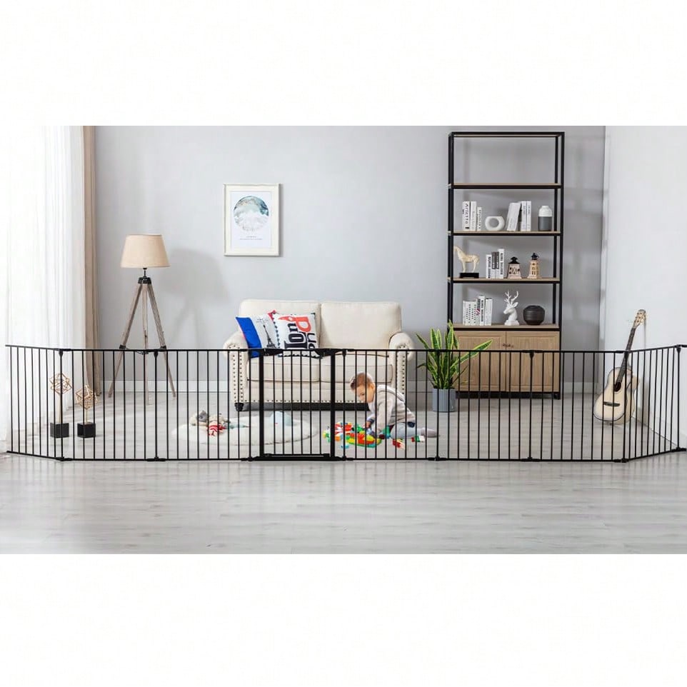 Baby Gate Extra Wide - 特大幅ブラックベビーゲート（ドア付き）、金属製ロングベビーフェンス、高さのあるペット/犬用ゲート（家の階段、出入り口用）、子供用安全フェンス（暖炉、木、屋内/屋外用）
