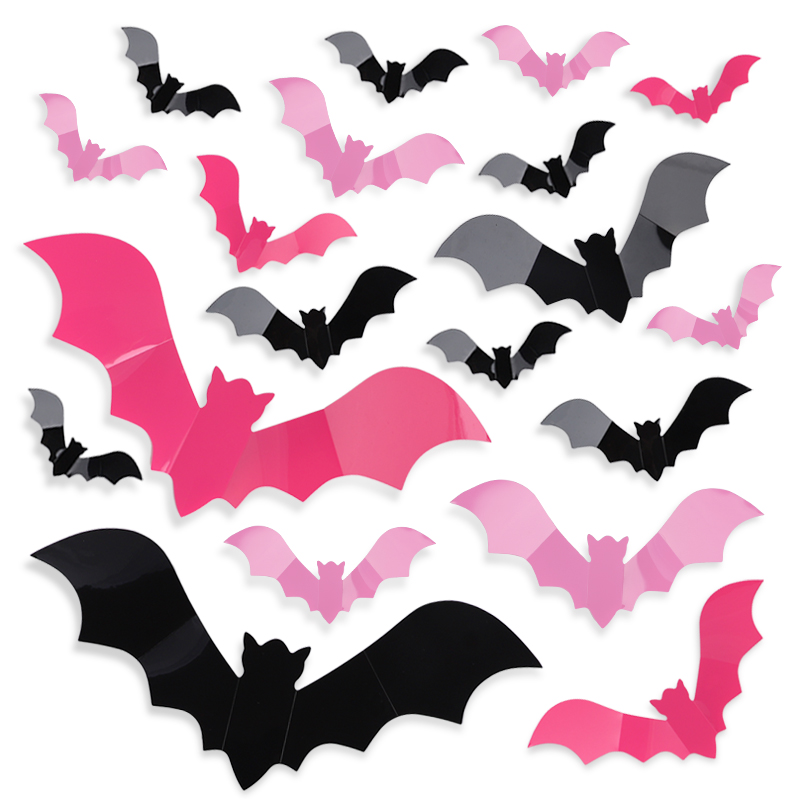 Baby Nursery Wall Decals - 24/48枚入り ハロウィン ピンクコウモリ ウィンドウステッカー 3D 不気味なコウモリ