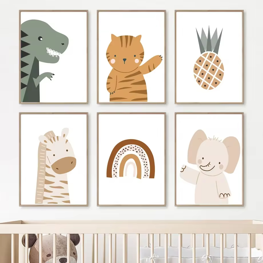 Baby Nursery Animal Pictures - 自由奔放に生きる保育園の壁画,北欧のポスター,壁の写真,赤ちゃんの子供部屋の装飾,虹,太陽,ライオン,恐竜,アルファベット