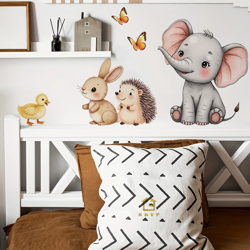 Baby Nursery Wall Decals - 漫画の動物の壁ステッカー - 象バニーハリネズミ保育園デカール、取り外し可能な子供部屋の装飾プレイルームウォールアートホーム