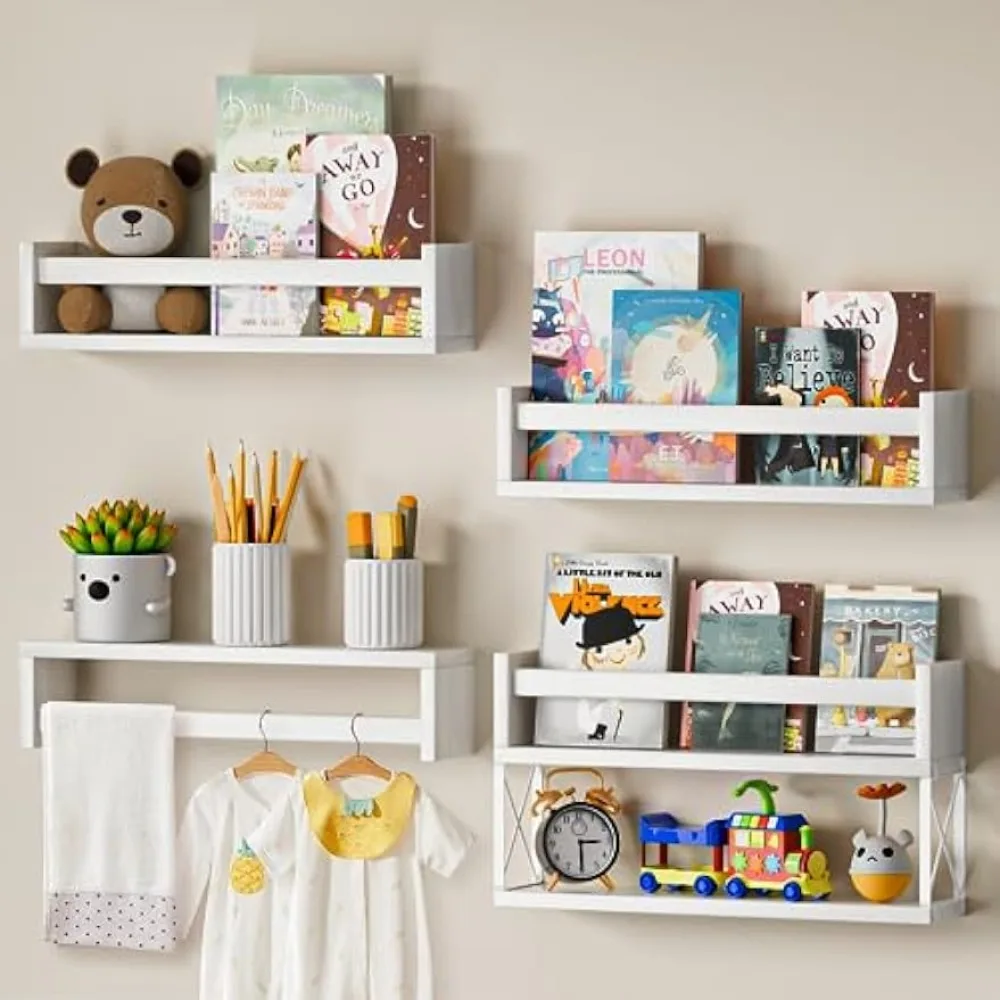 Baby Nursery Floating Shelves - QimCoor保育園用本棚4+1セット、16.5インチの子供用壁掛け式フローティング本棚、白い本棚オーガナイザー（赤ちゃん用）