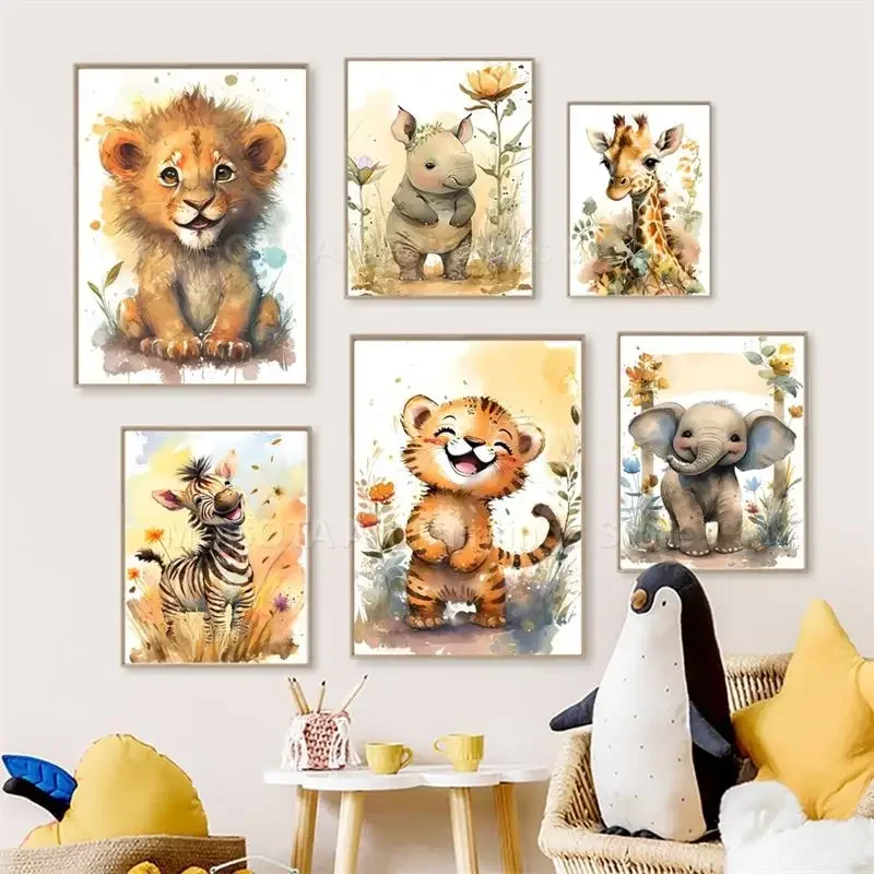 Baby Nursery Animal Pictures - 水彩ライオンキリン虎象シマウマ保育園壁アートキャンバス絵画動物ポスタープリント写真ベビーキッズルームの装飾