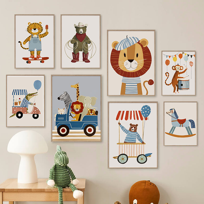 Baby Nursery Animal Pictures - 面白い漫画の動物車風船保育園ウォールアートキャンバス絵画ライオンベアタイガーポスター＆プリント写真ベビーキッズルームデコレーション