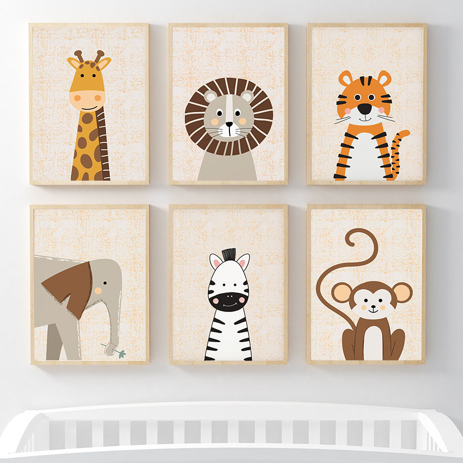 Baby Nursery Animal Pictures - ライオン、キリン、ゾウ、シマウマ、サル、保育園の壁飾り、キャンバス絵画、北欧風ポスターとプリント、壁の絵、赤ちゃん子供部屋の装飾