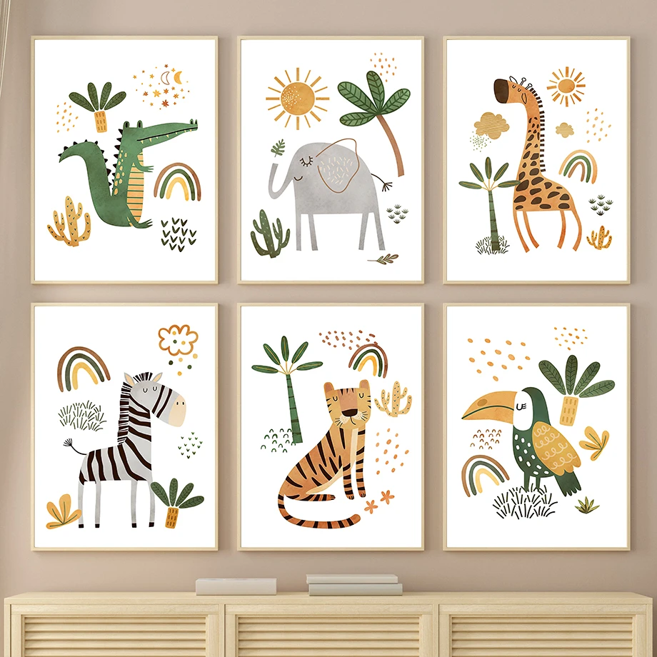 Baby Nursery Animal Pictures - キリン象虎シマウマオオハシジャングル動物壁アートキャンバス絵画保育園ポスターやプリント写真キッズルームの装飾