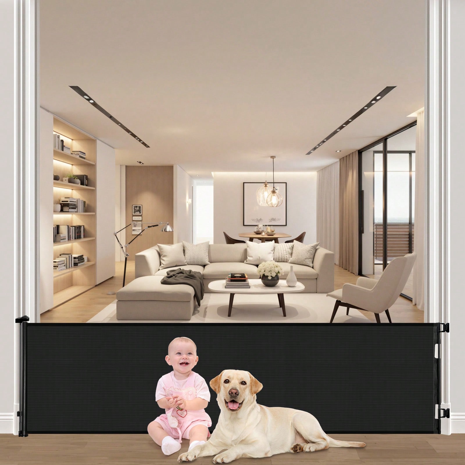 Baby Gate Extra Wide - 197インチの超ワイド伸縮式ベビーゲート、メッシュ大型ベビーゲートまたはメッシュペットドッグゲート、開口部が広く超長い子供用安全ゲート（屋内、屋外用）