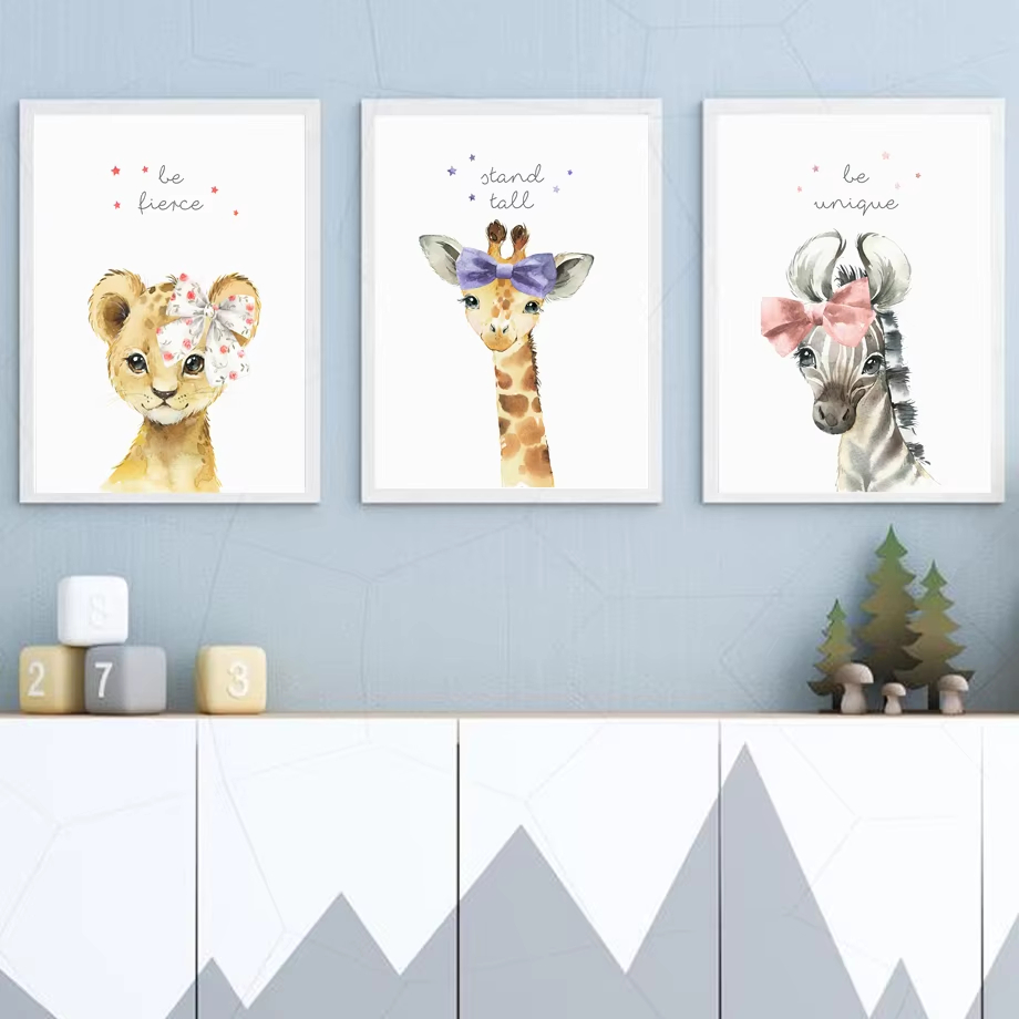 Baby Nursery Animal Pictures - ライオンゼブラキリン象カバ花保育園壁アートプリントキャンバス絵画動物ポスター壁絵ベビーキッズルームの装飾