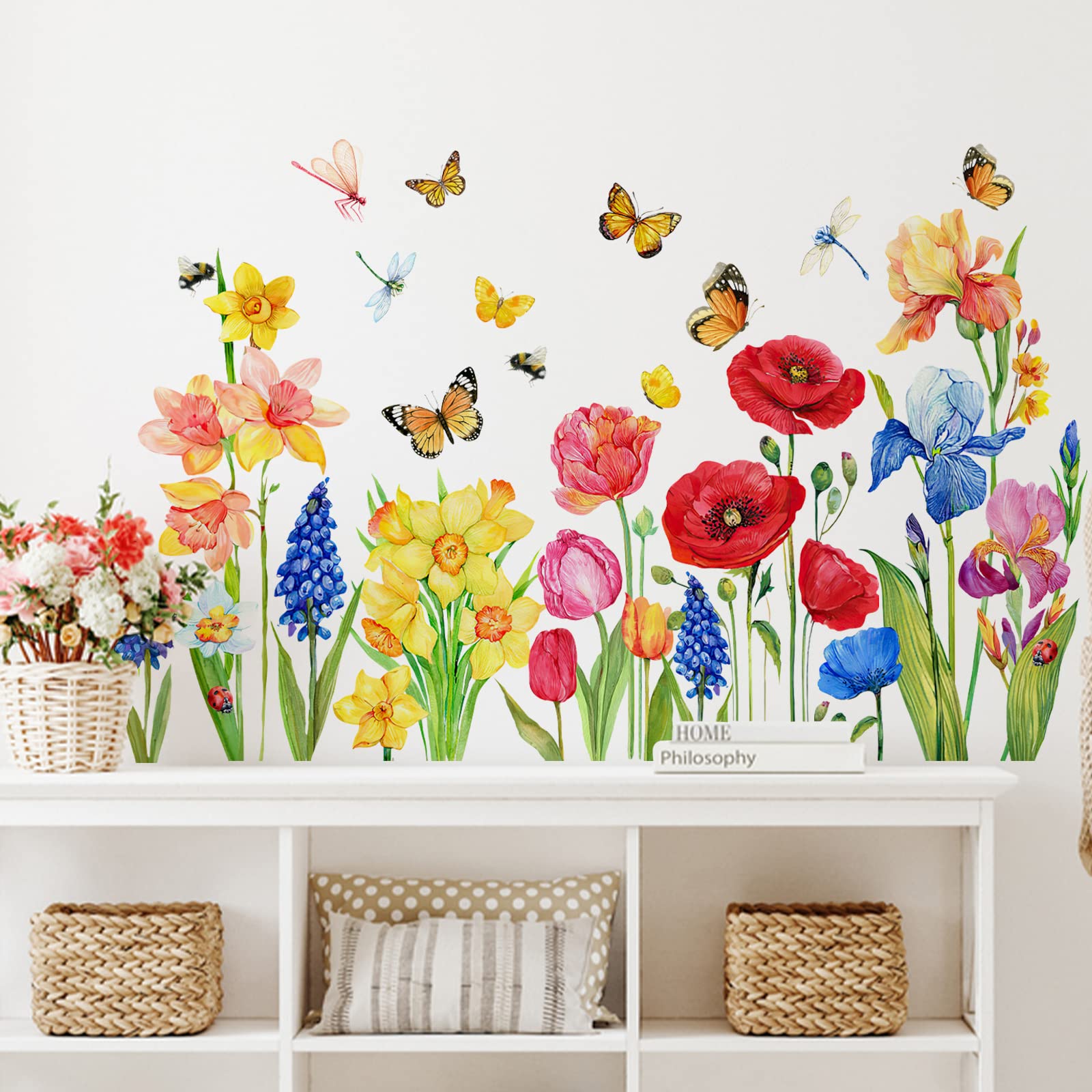 Baby Nursery Wall Decals - 水彩花柄蝶ウォールステッカーデカールキッチンベビー保育園寝室リビングルーム家の装飾
