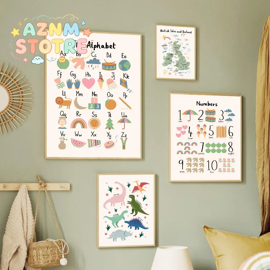 Baby Nursery Animal Pictures - 動物世界地図 恐竜 アルファベット 数字 キャンバス ウォールアート