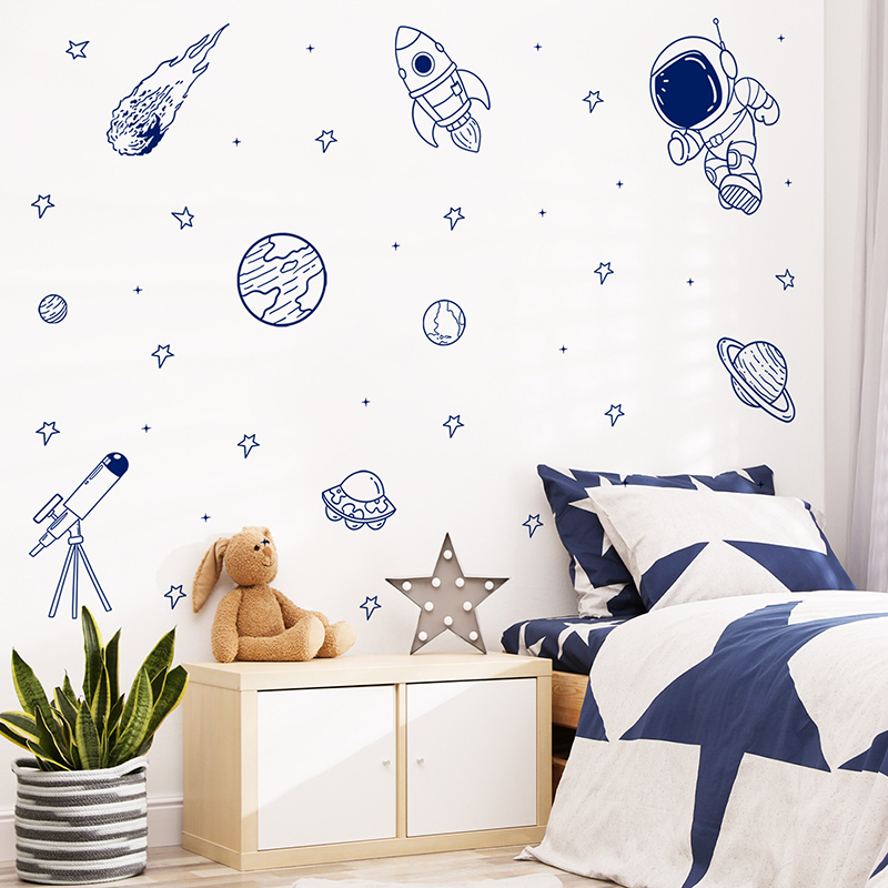 Baby Nursery Decor Boy - 漫画宇宙宇宙飛行士惑星ロケットウォールステッカー自己粘着子供部屋用男の子の寝室保育園の壁の装飾