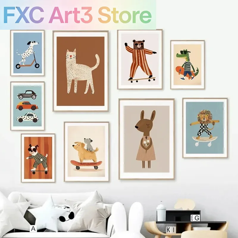 Baby Nursery Animal Pictures - 1pc フレームレス面白い動物ウサギ犬猫スケートボードポスタープリント壁アートキャンバスニュートラル保育園絵画ベビーキッズルーム用