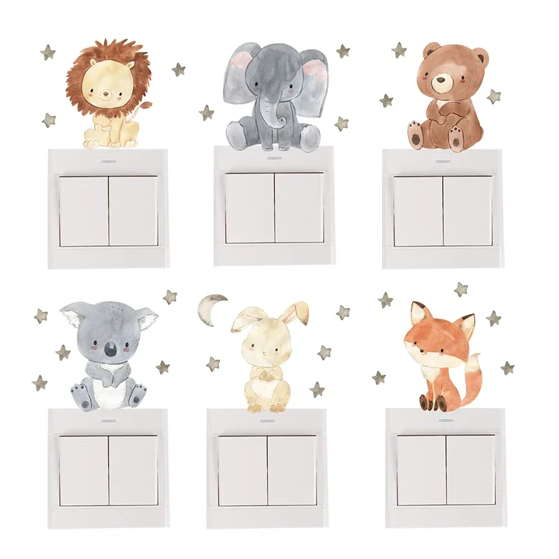 Baby Nursery Wall Decals - 1/2/4/6 セット漫画動物ウォールステッカー子供部屋用ベビールーム装飾スイッチステッカーキッズルーム保育園壁デカール