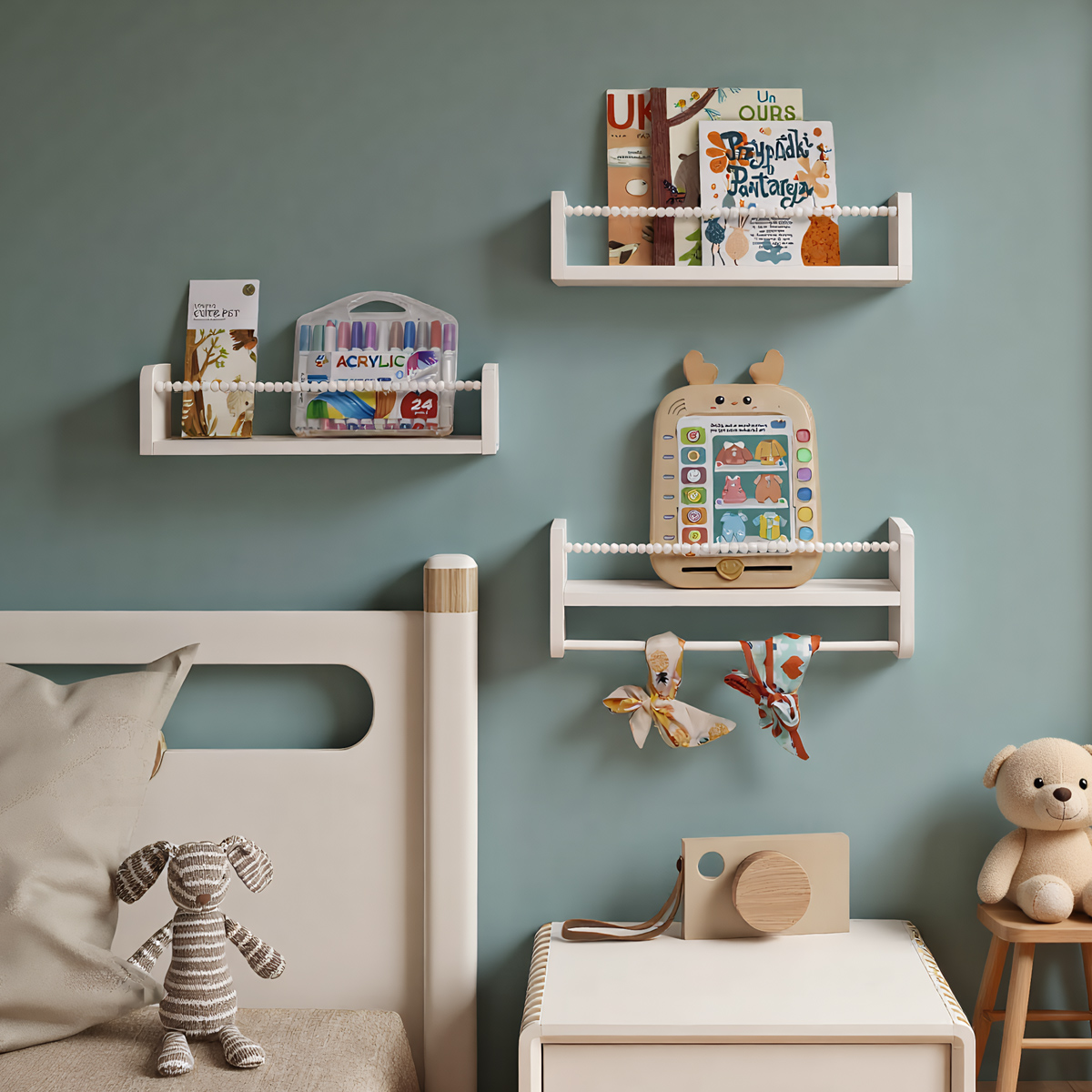 Baby Nursery Floating Shelves - 壁掛け式フローティングナーサリーブックシェルフ、子供部屋寝室用天然木壁掛けブックシェルフ、小型木製吊り下げ式ベビーブックシェルフ