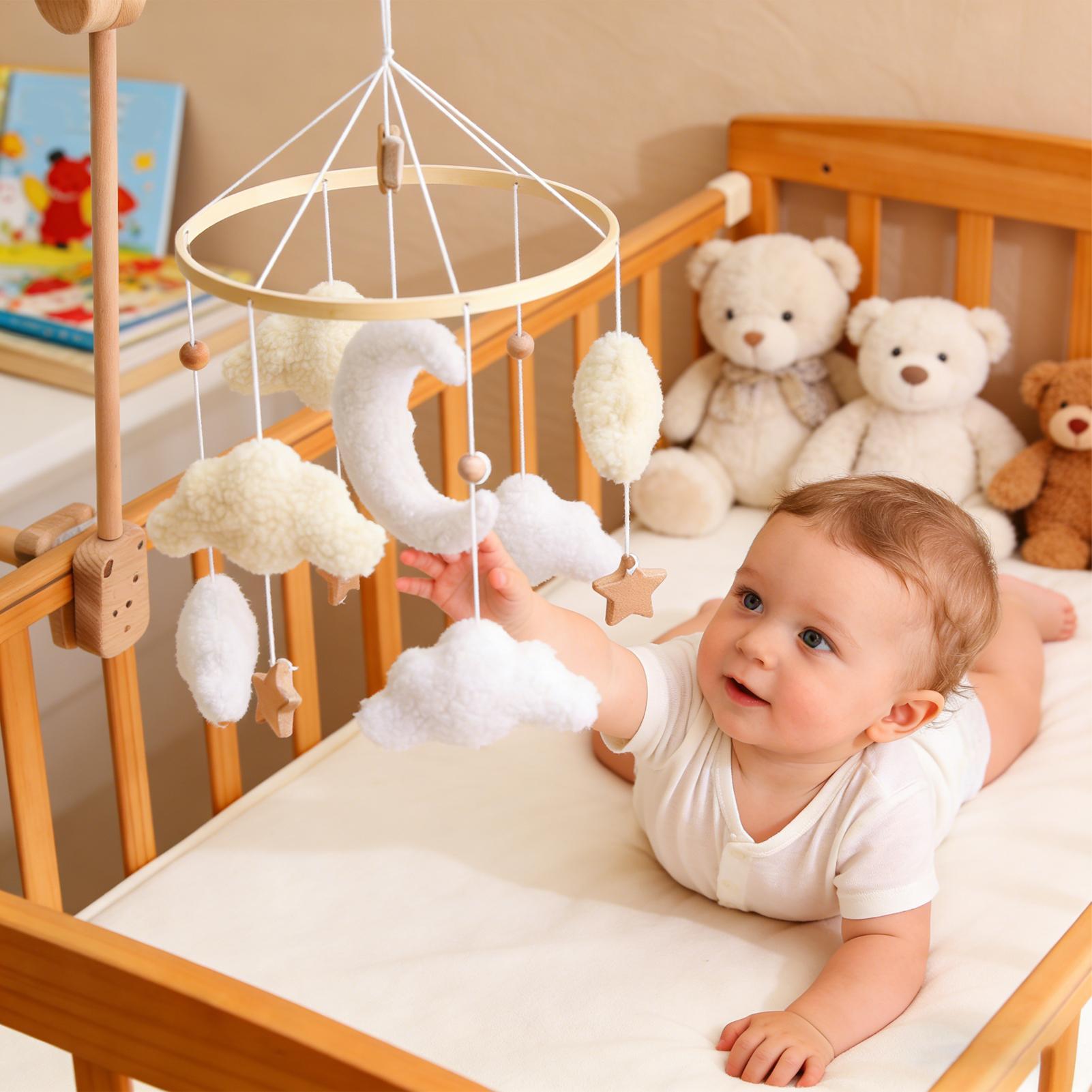 Baby Nursery Decor Boy - 木製ベビーベッドモバイル、ベビーベッドベル、ガラガラおもちゃ、柔らかい漫画の雲モバイルブラケット、新生児用ベッドベル、吊り下げおもちゃ、保育園の装飾