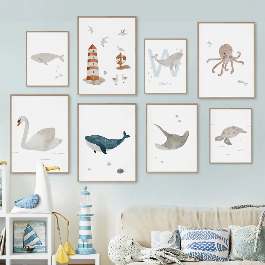 Baby Nursery Animal Pictures - 子供部屋,ポスター,写真,壁アート,海の動物,クジラ,タコ,カメ,swan,赤ちゃん,子供,部屋の装飾用のカスタムキャンバス絵画