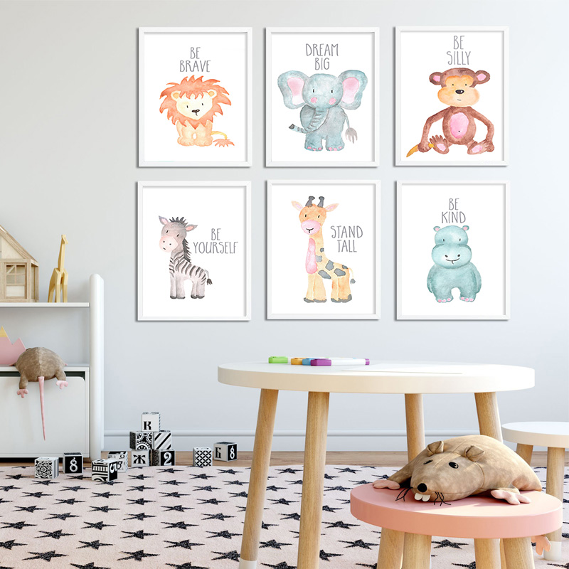 Baby Nursery Animal Pictures - 子供部屋の装飾用のキャンバスに北欧の絵画、動物のデザインの壁のポスター、ライオン、象、キリン、保育園用