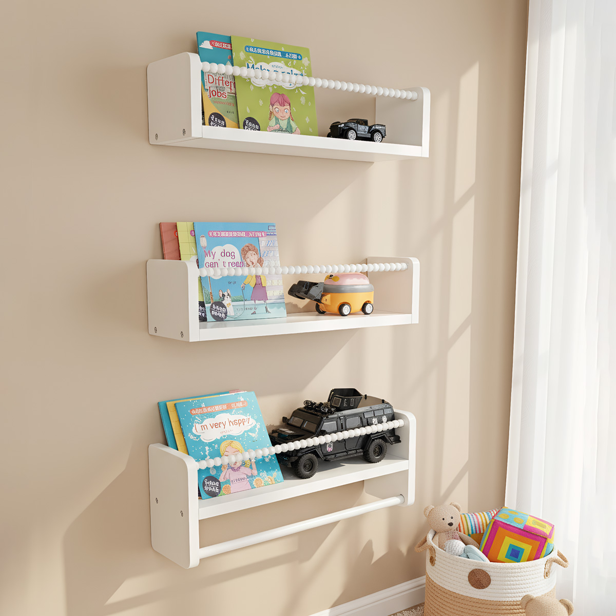 Baby Nursery Floating Shelves - 木製ナーサリーブックシェルフ、15.7インチの壁掛けフローティングブックシェルフ3個セット、ベビーキッズデコレーション、無垢材壁掛け棚