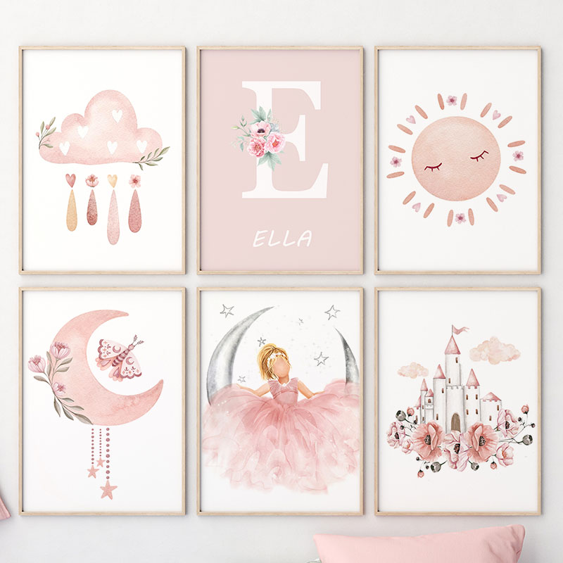 ピンクの天使の女の子日月雲白鳥城壁アート保育園キャンバス絵画 - Baby Nursery Animal Pictures のレビューと価格