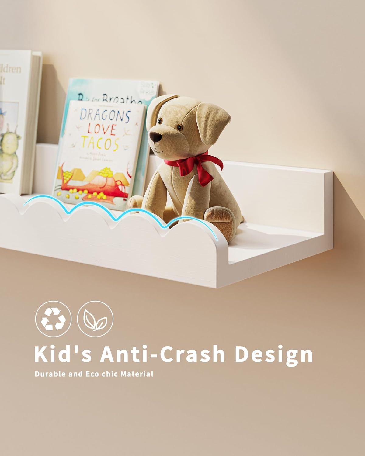白い波型のフローティングキッズブックシェルフ4個セット、壁掛 - Baby Nursery Floating Shelves のレビューと価格