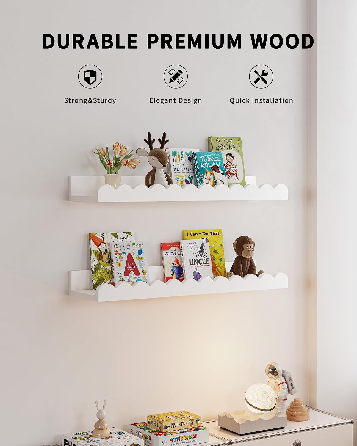 白い波型のフローティングキッズブックシェルフ4個セット、壁掛 - Baby Nursery Floating Shelves のレビューと価格