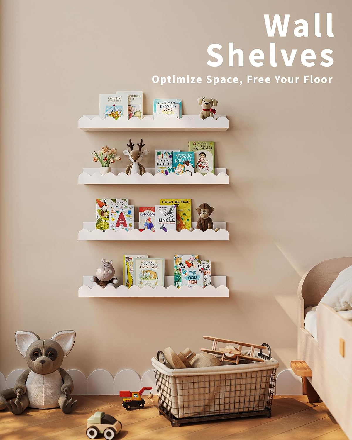 白い波型のフローティングキッズブックシェルフ4個セット、壁掛 - Baby Nursery Floating Shelves のレビューと価格