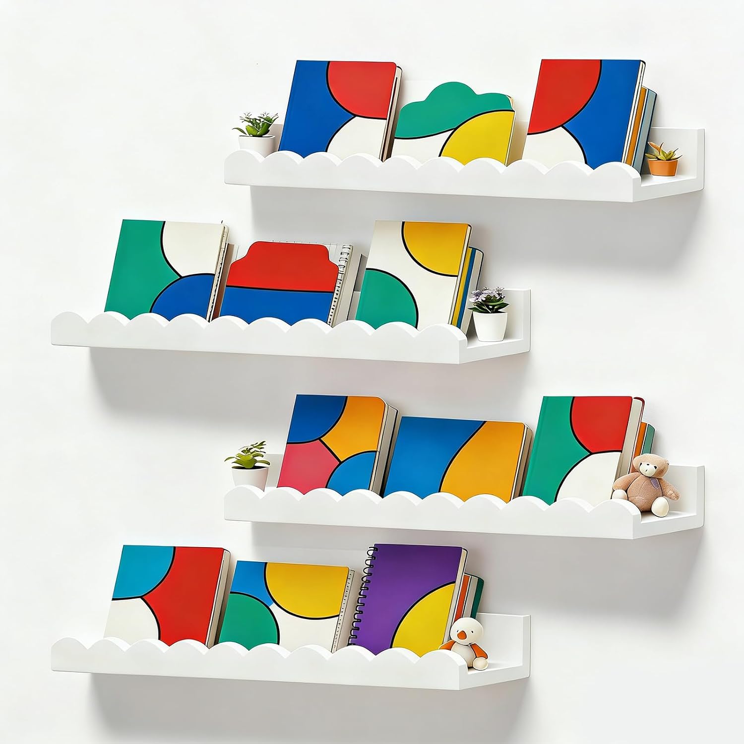 4個セットの白いスカラップ型フローティング子供用本棚、壁掛け - Baby Nursery Floating Shelves のレビューと価格