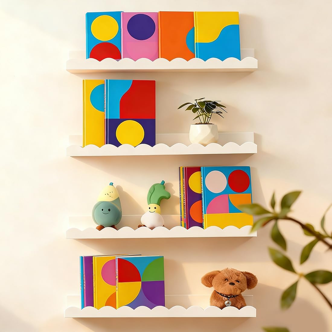 4個セットの白いスカラップ型フローティング子供用本棚、壁掛け - Baby Nursery Floating Shelves のレビューと価格