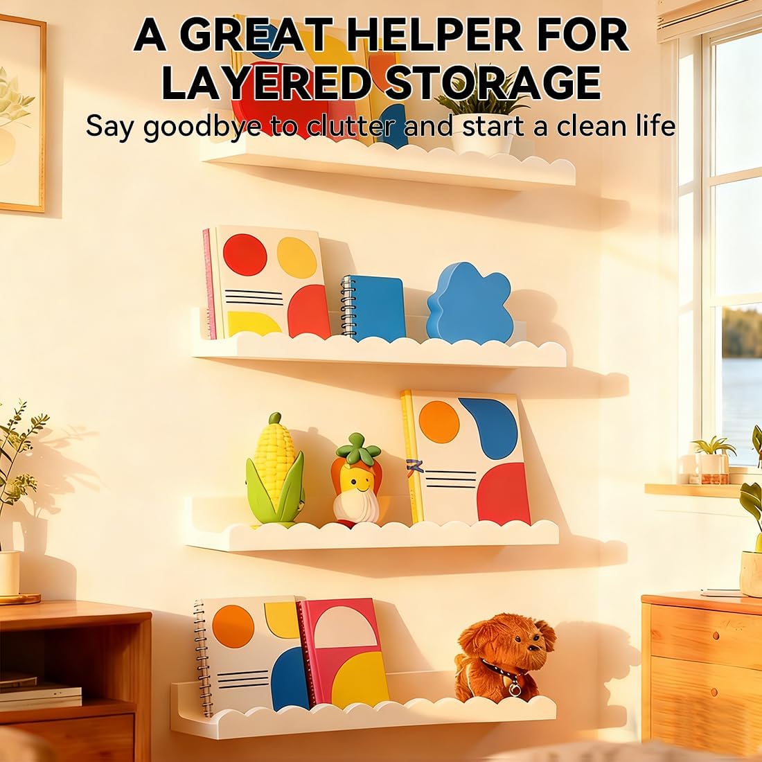 4個セットの白いスカラップ型フローティング子供用本棚、壁掛け - Baby Nursery Floating Shelves のレビューと価格