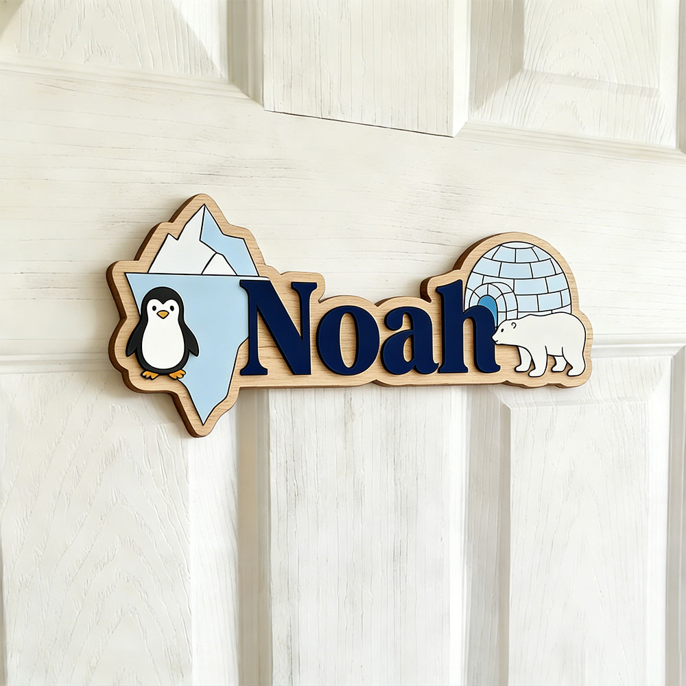 北極ペンギンとシロクマのカスタムネームサイン、氷の洞窟保育園 - Baby Nursery Name Sign のレビューと価格