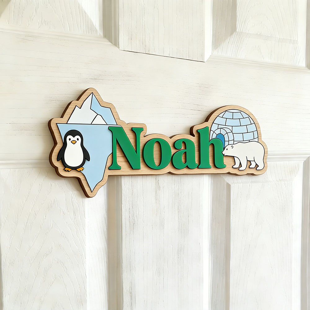北極ペンギンとシロクマのカスタムネームサイン、氷の洞窟保育園 - Baby Nursery Name Sign のレビューと価格