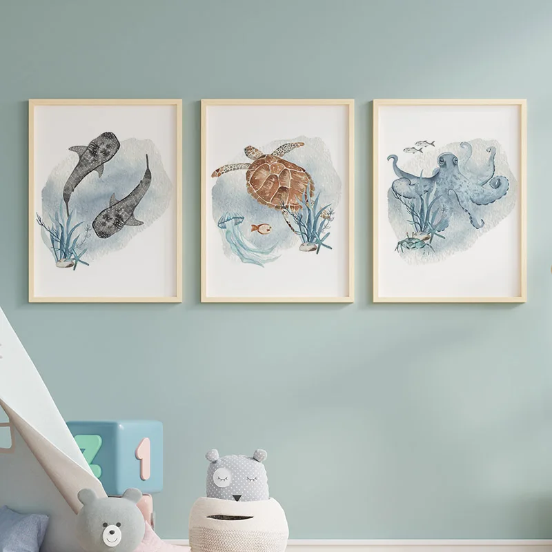 子供の部屋の装飾のためのポスターとプリント、クジラ、魚、サメ - Baby Nursery Animal Pictures のレビューと価格