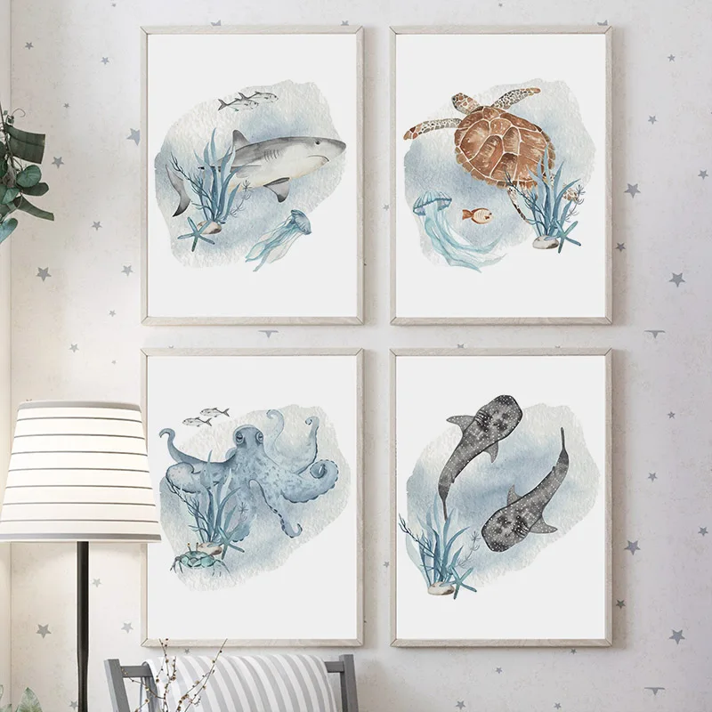 子供の部屋の装飾のためのポスターとプリント、クジラ、魚、サメ - Baby Nursery Animal Pictures のレビューと価格