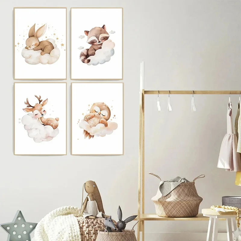 漫画雲動物キャンバス絵画壁アートかわいいアライグマキツネ鹿子 - Baby Nursery Animal Pictures のレビューと価格