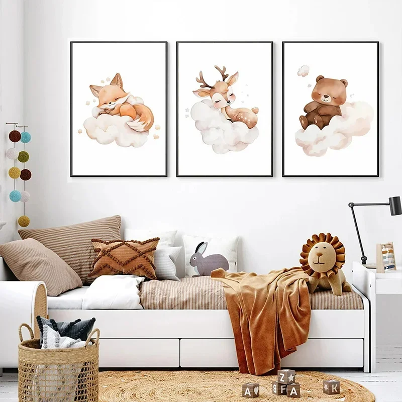 漫画雲動物キャンバス絵画壁アートかわいいアライグマキツネ鹿子 - Baby Nursery Animal Pictures のレビューと価格