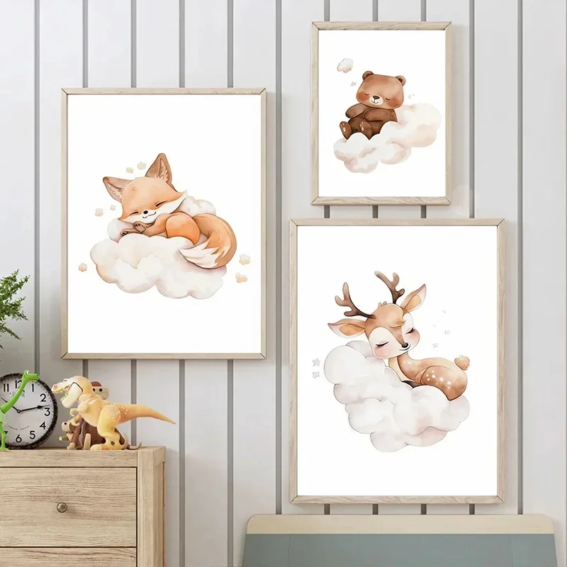 漫画雲動物キャンバス絵画壁アートかわいいアライグマキツネ鹿子 - Baby Nursery Animal Pictures のレビューと価格