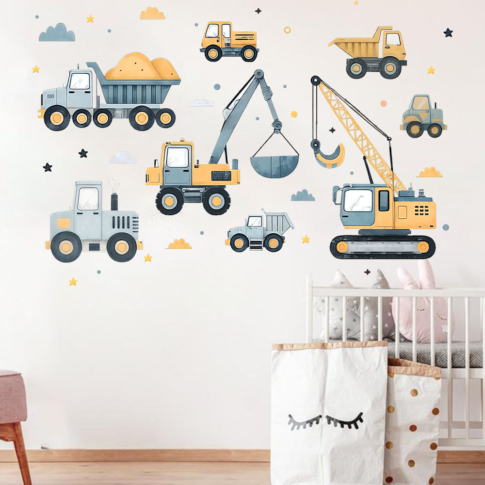 漫画掘削機車両セット車の壁ステッカープレイルーム建物建設クレ - Baby Nursery Wall Decals のレビューと価格